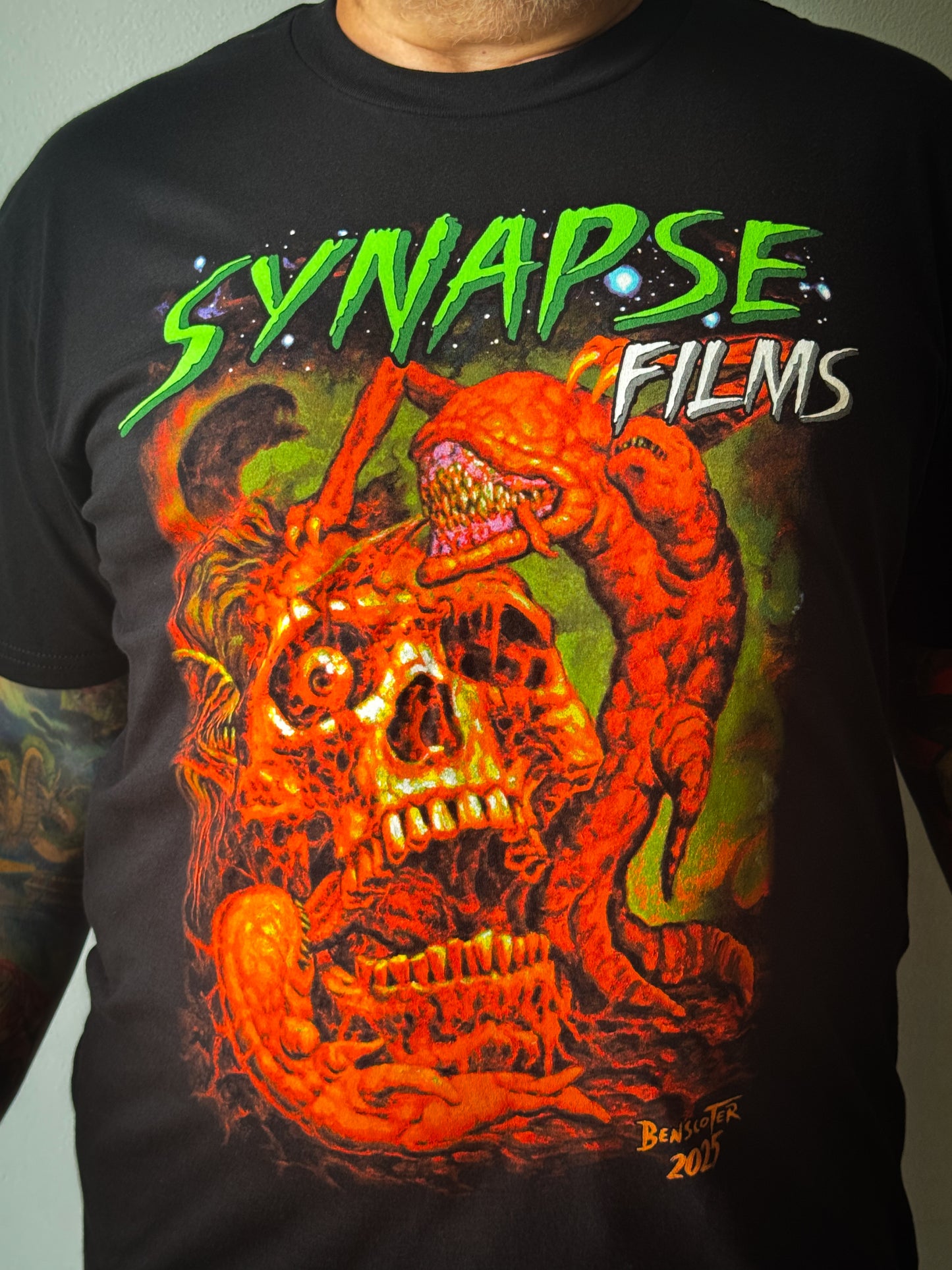 Neon orange skull with deadly spawn, year 2025, Synapse Films T-shirt
